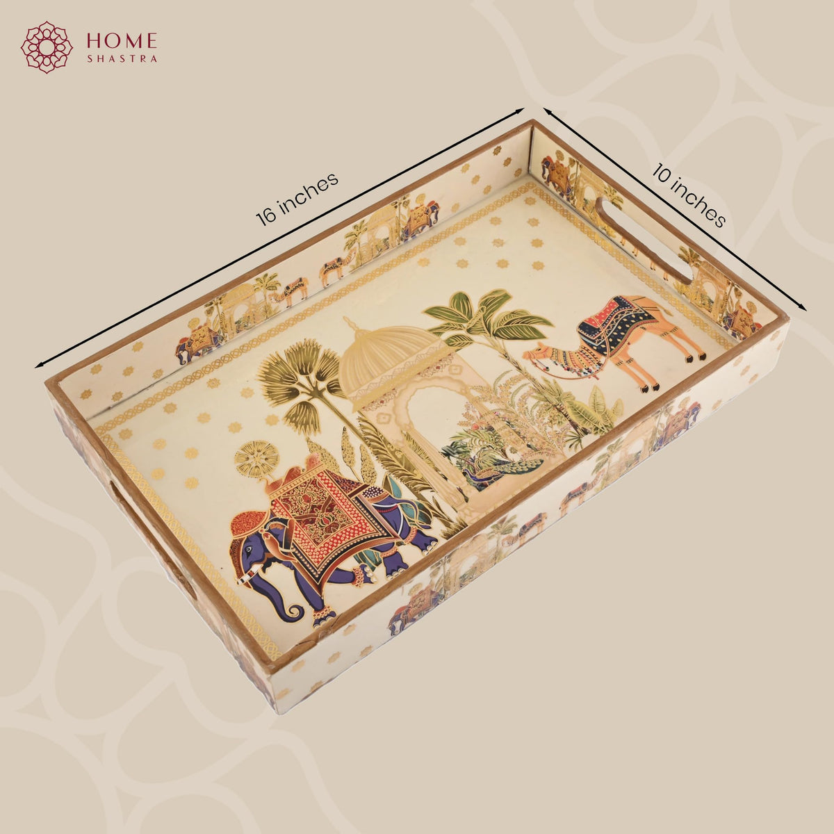 HomeShastra® Wooden Serving Tray with Gold Engraving | Set of 1 | Size : 16 x 10 inch | Enamel Coated Waterproof | Rectangular | Decorative Trays | Royal Camel Large