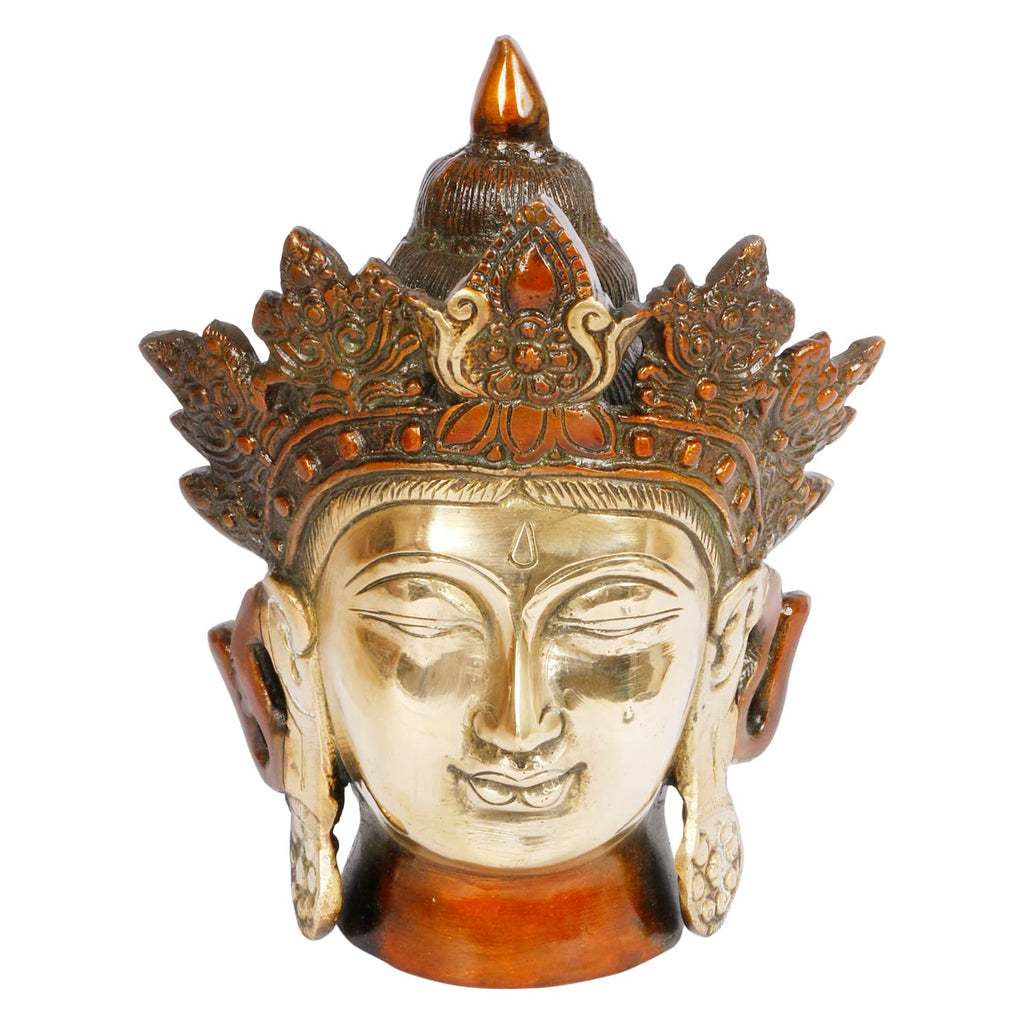 ARTVARKO Brass Crown Buddha Head Tibetan Buddhist Deity Face for Home Décor Showpiece 7.5 Inches Height