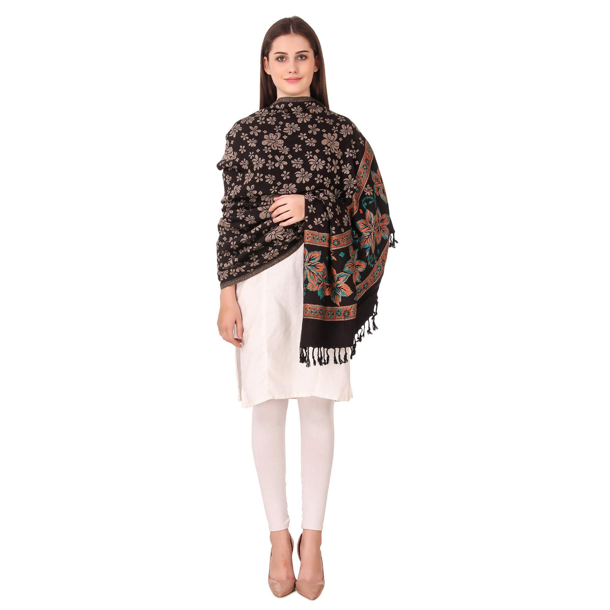 BRAVEZI Women's Woolen Floral Design Printed Shawls (Black)