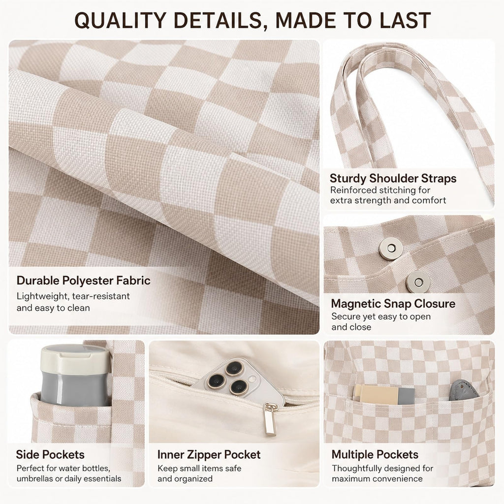 ZippyLiva Corduroy Tote Bag for College Girls, Light Khaki Checkerboard
