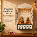 Venlay Wood Premium Wooden Home Mandir with Openable Doors & Storage Drawer - Walnut Brown Finish Pooja Ghar Featuring Silver Radhe-Radhe & Om Accents - Compact Wall Hanging & Desktop Temple (White)