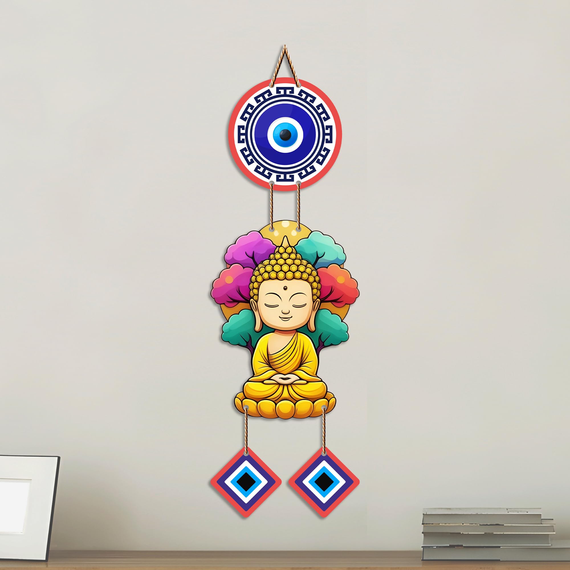 Artvibes Buddha Serenity Wall Hanging with Evil Eye Protection Charms | Spiritual Decorative Hanging for Meditation | Yoga and Prayer Rooms | Wooden Home Decor Accent for Living Room (WH_85100N)