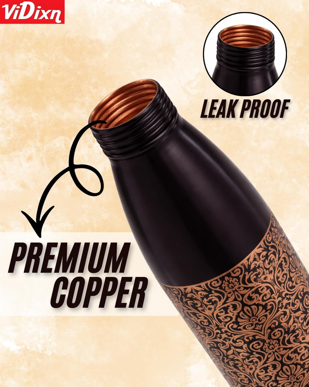 viDixn 100% Pure Copper Water Bottle 950ml – Ayurvedic Leak-Proof Copper Bottle for Drinking Water – Handcrafted Mandala Design – BPA-Free & Eco-Friendly – Improves Immunity & Digestion (Browni_Camel)