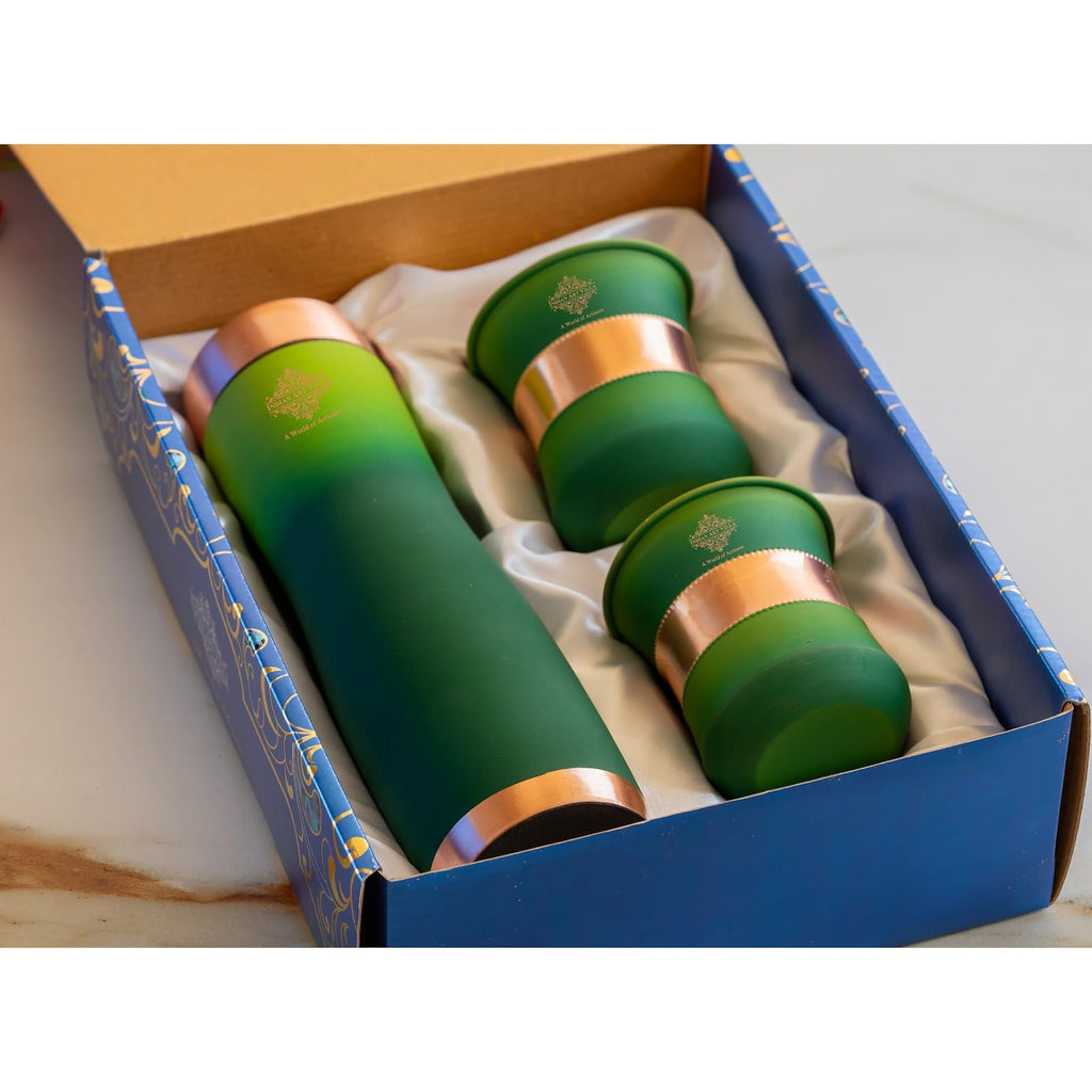 INDIAN ART VILLA Copper Bottle & Glass Gift Set - 950 ml Water Bottle & 2 Glasses (300 ml Each) - Pure Copper with Green Ombre Silk Finish, Perfect for Gifting & Everyday Use
