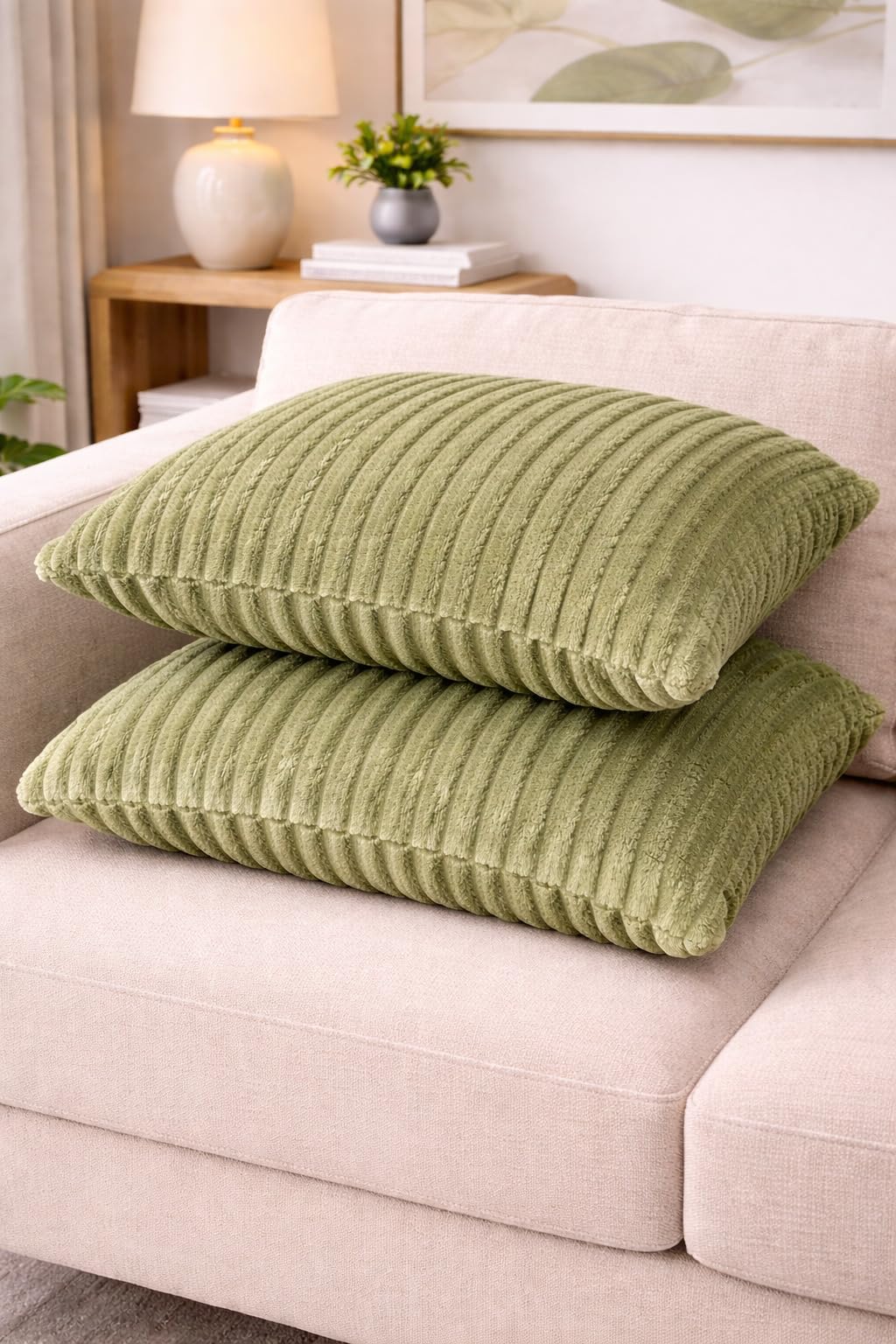 AWARD VELVETS Premium Faux Rabbit Fur Plush Luxury Soft Fluffy Striped Decorative Throw Pillow/Cushion Covers for Sofa, Couch, Living Room - (Olive Green, 24 x 24 inch) Set of 2