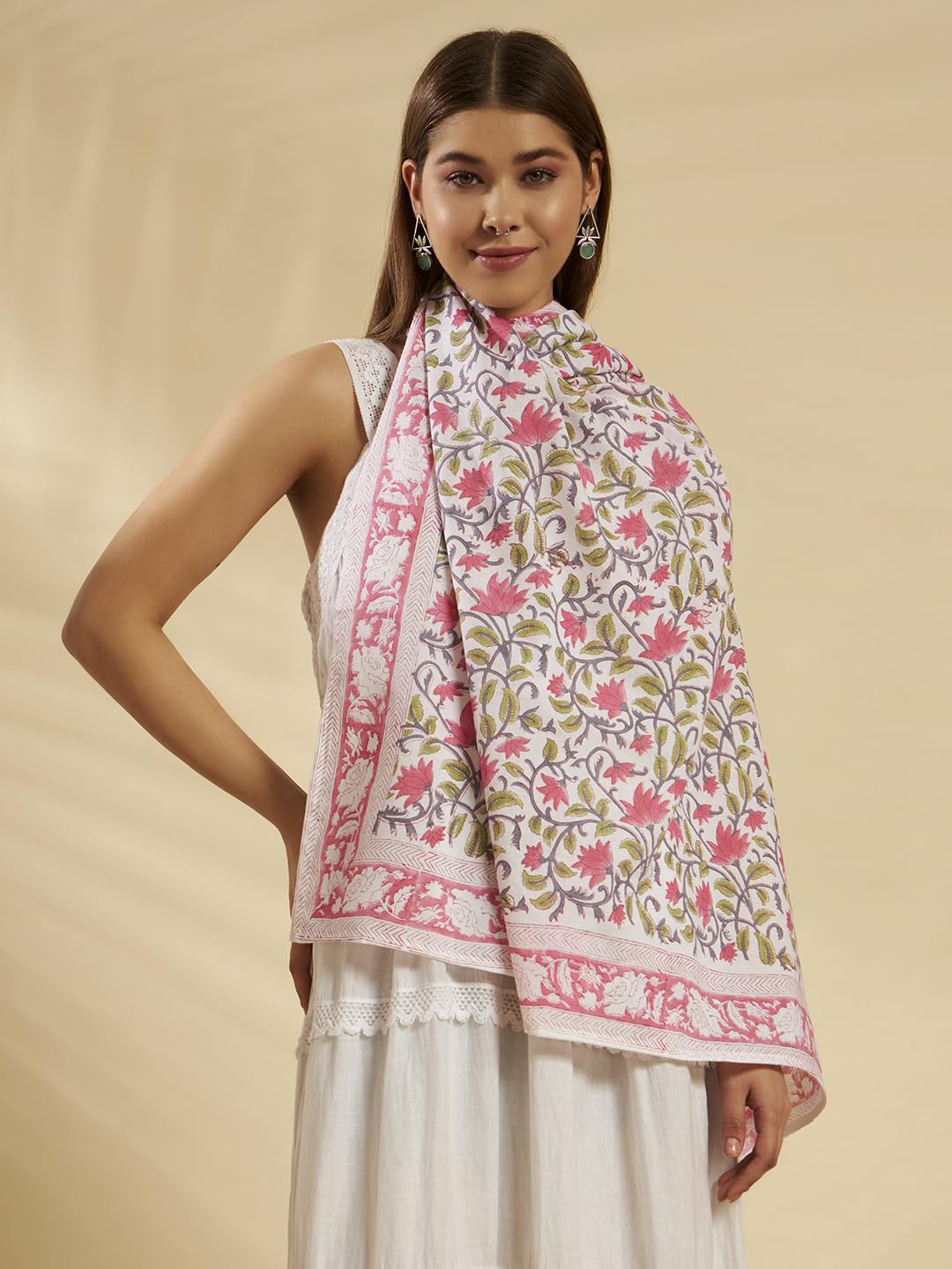 Ravaiyaa - Attitude is everything Sanganer Hand Block Printed Scarves Pure Cotton Scarf Square Hijab Dupatta 40 X 40 Inch (Green Pink Floral)