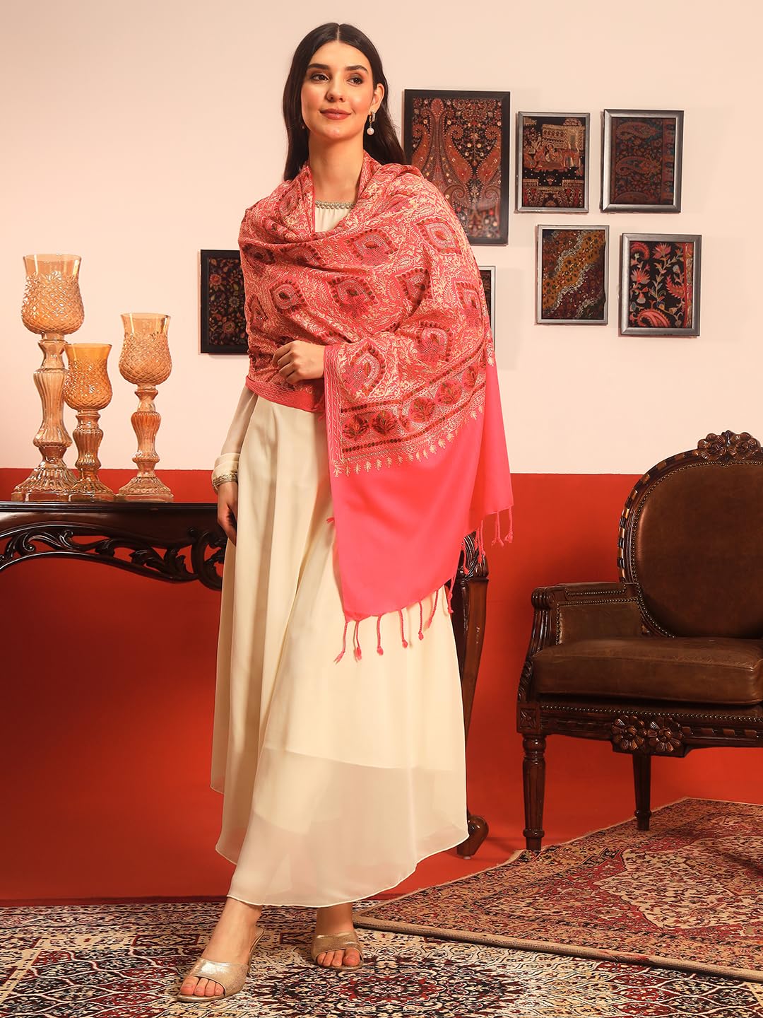 Pashmoda Women Ornate Harmony Fine Wool Nalki Embroidered Stole (Size : 28x80in, 71X203cm) EMST03