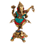 ARTVARKO Brass Dancing Ganesh Idol Multicolor Statue Murti Blessing Ganesha Vinayak Ganpati Sitting Sculpture Bhagwan Home Entrance Décor Temple Puja Gift Height 7.5 Inch