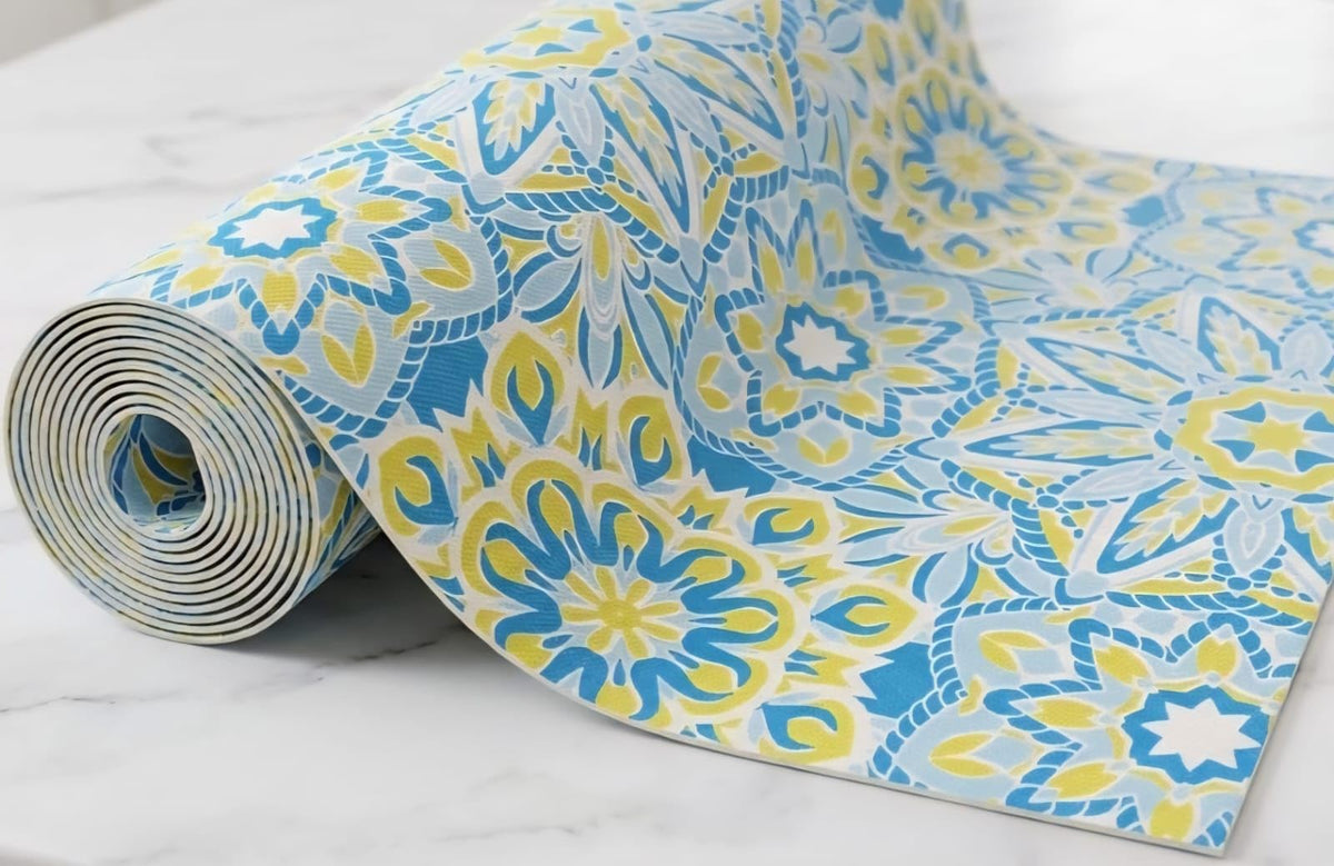 Dribble (45cm X 500cm) Eva Shelf Liner Mat Roll, Non Slip Drawer & Cabinet Liner for Kitchen, Waterproof Oilproof Washable Fridge Mat, Anti Skid Cupboard Wardrobe Multipurpose Mat (Yellow/Blue) Kafalo