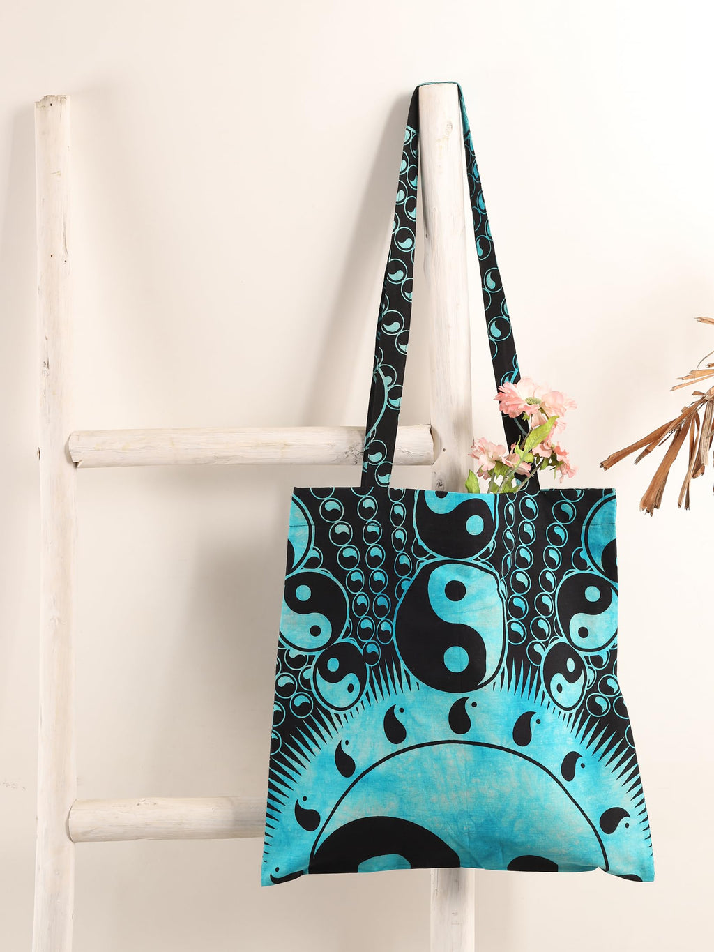 Ravaiyaa - Attitude is everything Cotton Shoulder Bag/Tote Bag For Women| Printed Multipurpose Handbag With Top Zip | Best For Shopping, Travel, Work, Beach, Office, College (Turquoise Yin Yang)