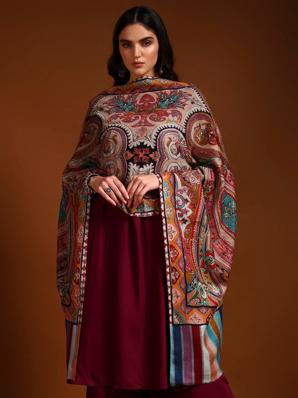 Pashmoda Women Rangdil 100% Pure Wool Fabric Kalamkari Embroidered Stole, Shawl and Wrap, Sustainable and Natural Fabric, Heritage Kashmiri Pashmina (Size 28x80 Inches) Beige Colour KAST02