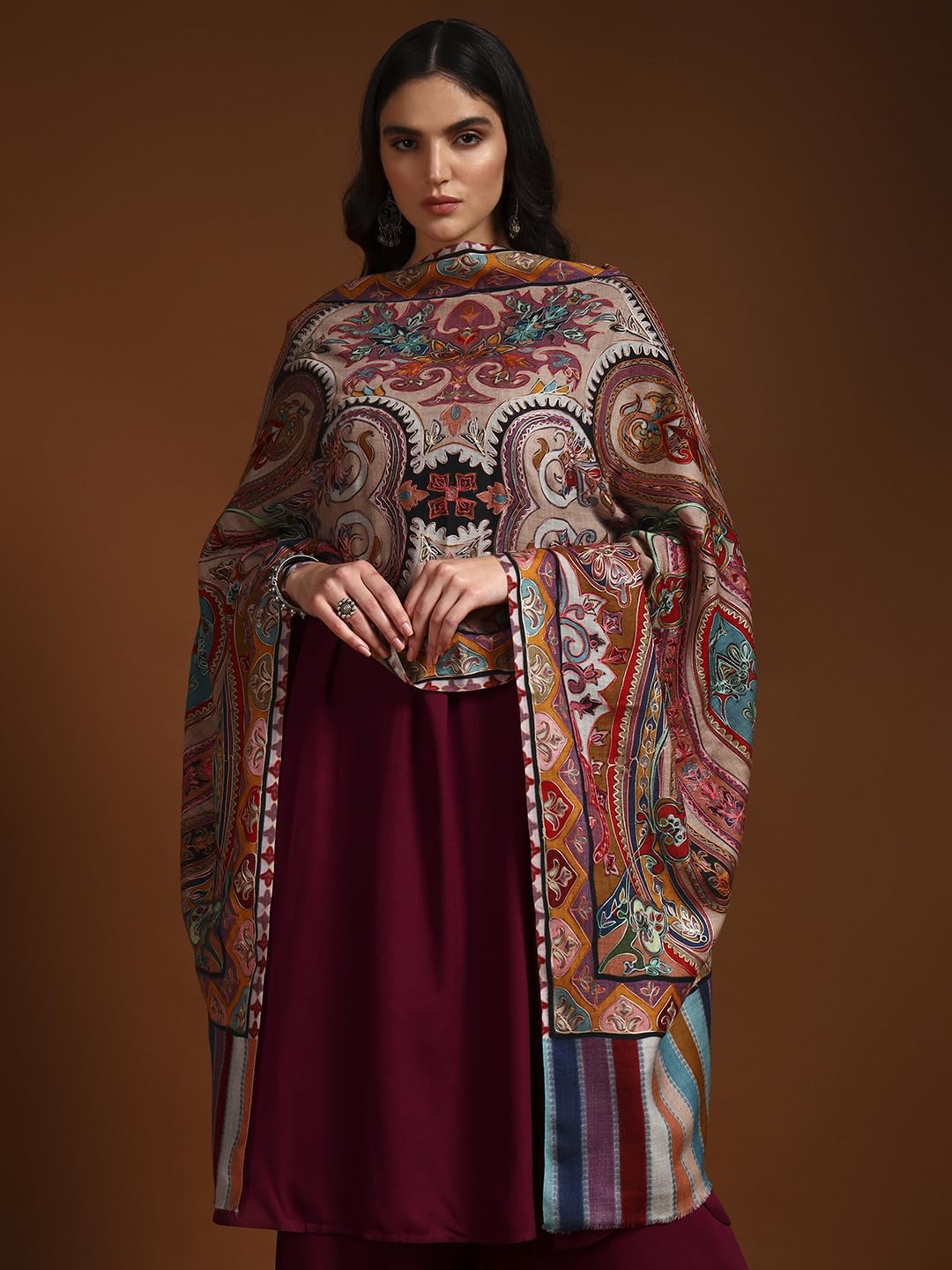 Pashmoda Women Rangdil 100% Pure Wool Fabric Kalamkari Embroidered Stole, Shawl and Wrap, Sustainable and Natural Fabric, Heritage Kashmiri Pashmina (Size 28x80 Inches) Beige Colour KAST02