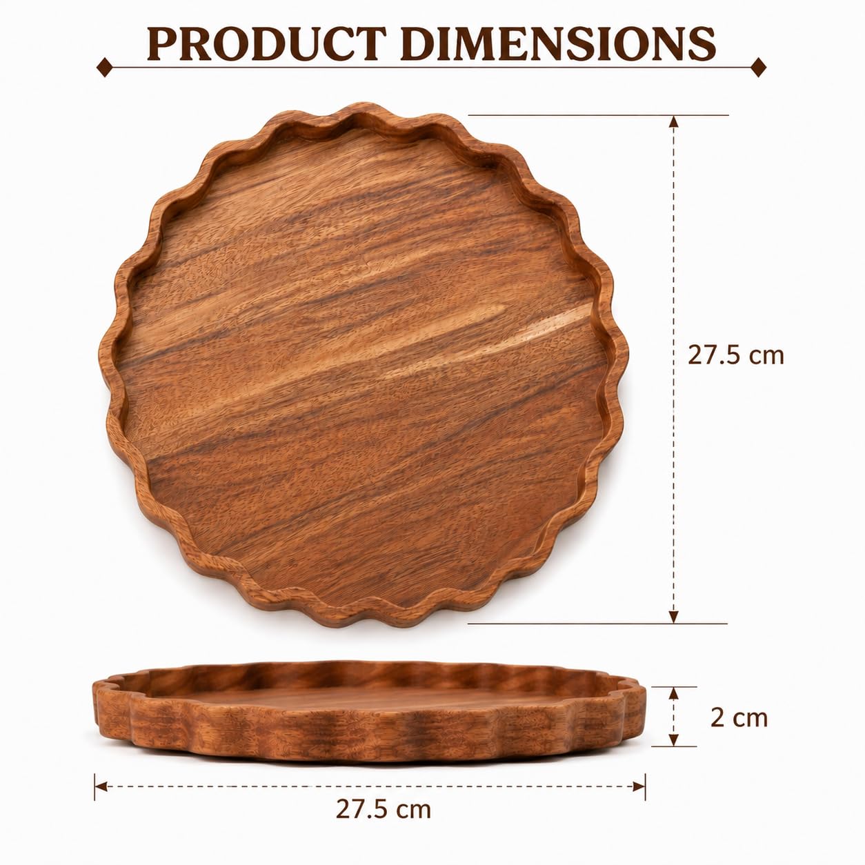 BAUZINI Round Wooden Serving Tray, 11 Inch Acacia Wood Decorative Platter, Handmade Wooden Tray for Tea, Coffee Table, Kitchen, Dining Table, Ottoman, Breakfast & Home Decor