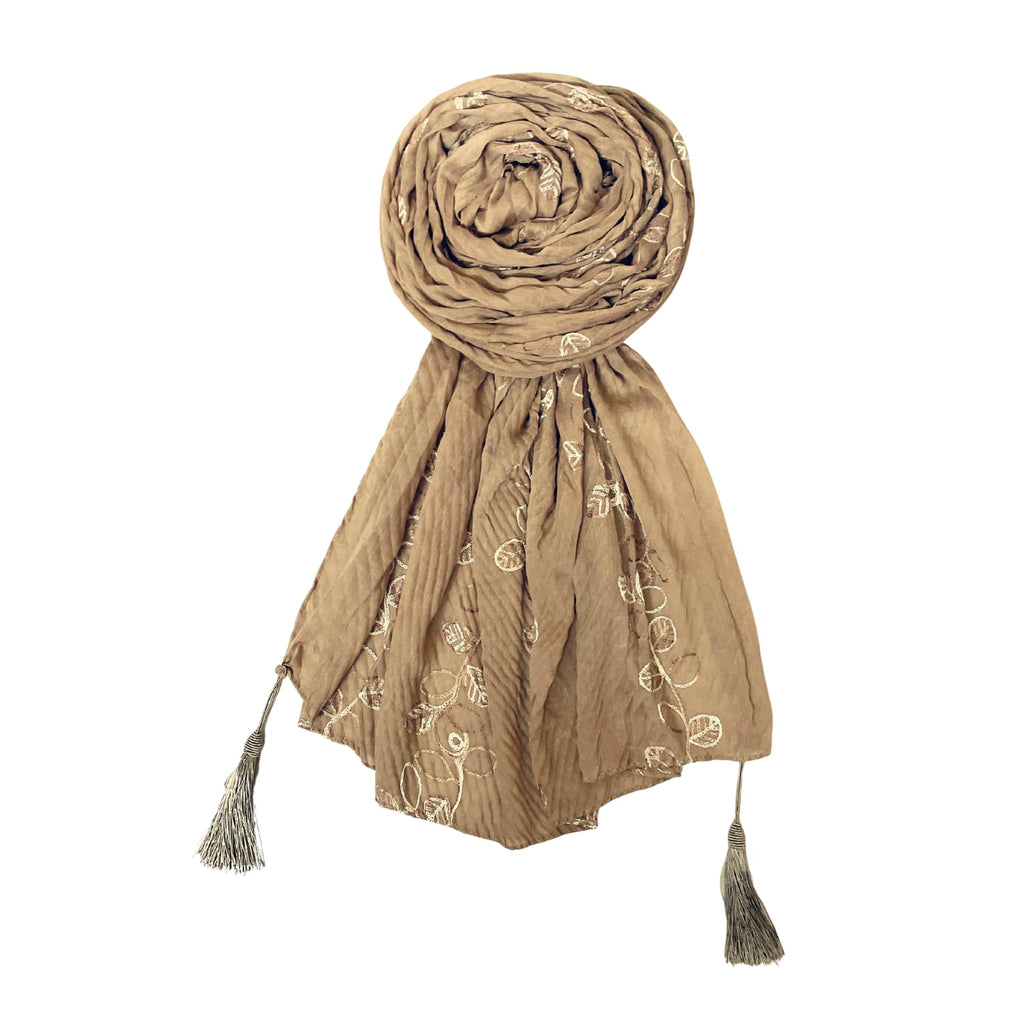 FAHABO Scarf for Women Stylish Pleated Viscose Cotton with Embroidery and Tassels | Hijab Scarf | Stole | Soft, Lightweight, and Latest Scarves | 72 x 33 Inches (Toffee Brown)