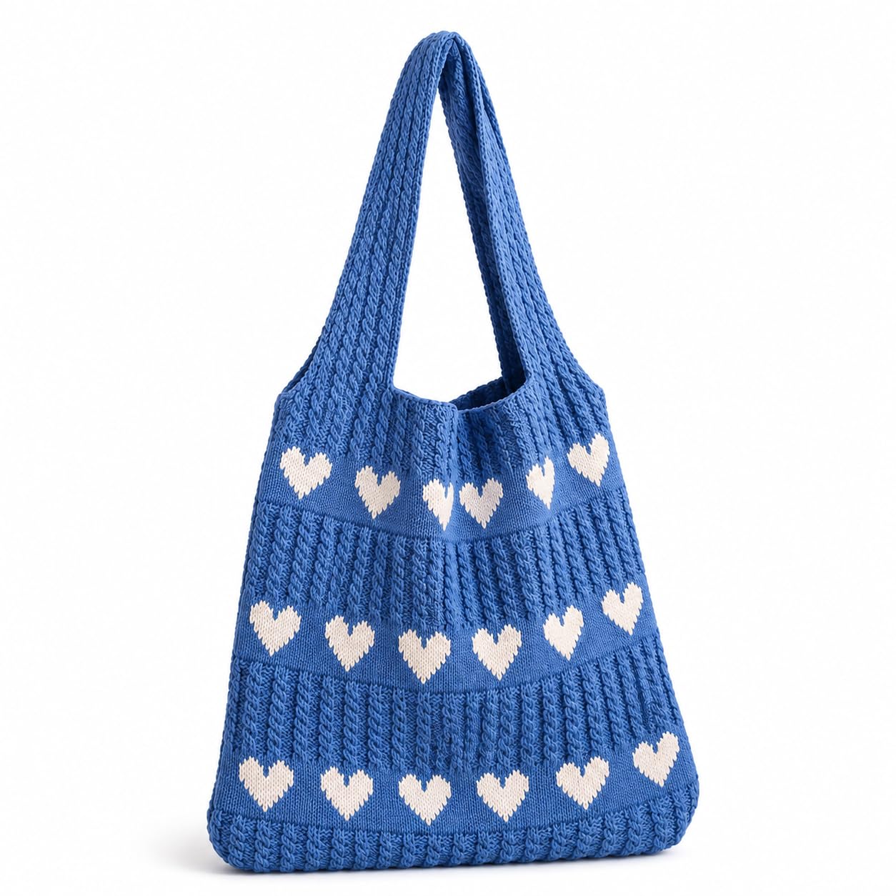 Kawn® Premium Knitted Heart Pattern Tote Bag Large Stylish and Durable Trendy bag for Everyday Use Beach Shopping Travel Work – Comfortable and Trendy Design (Blue)