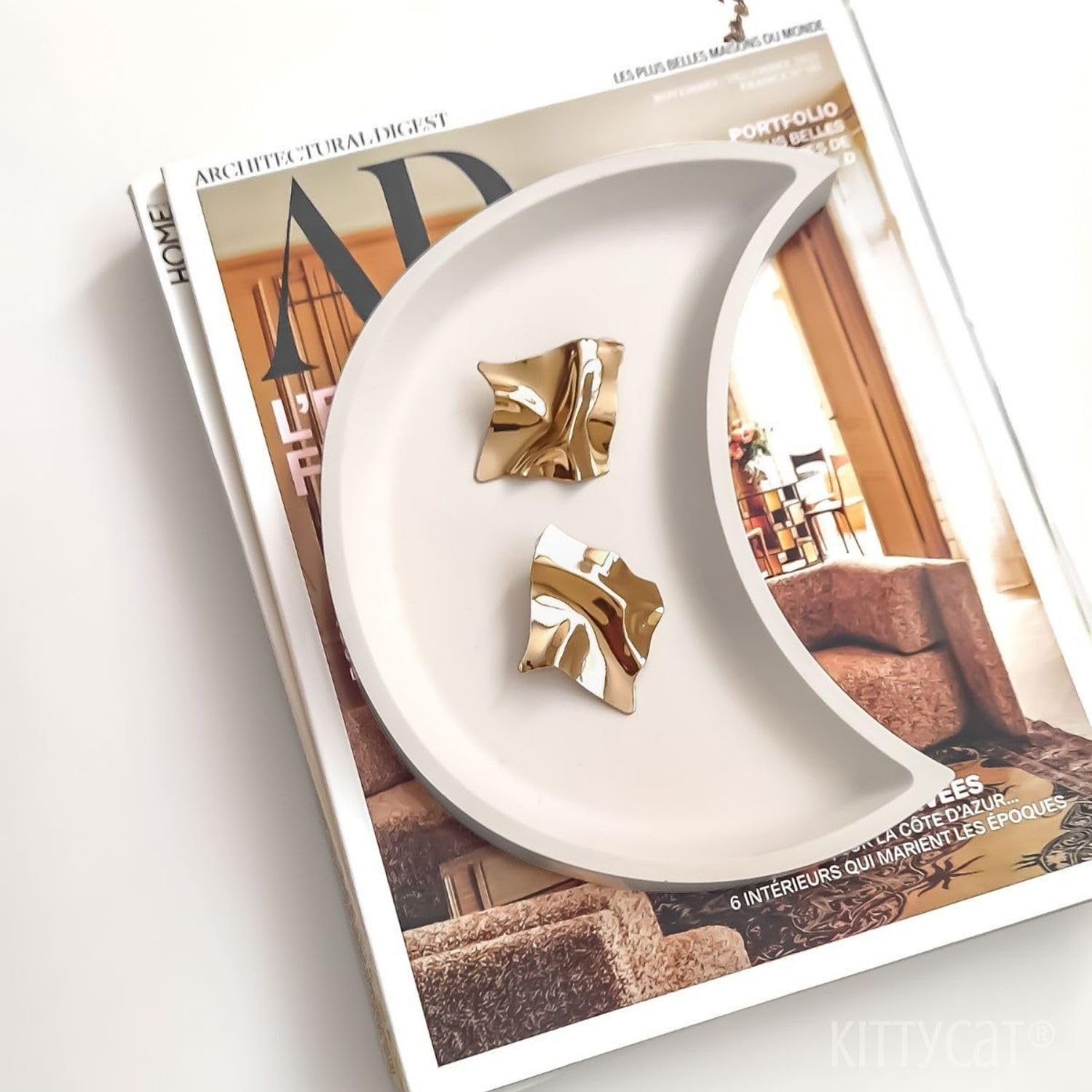 Kitty Cat® Crescent Moon Trinket Tray | Aesthetic White Decorative Organizer for Keys, Jewellery & Accessories | Minimalist Home Décor | Aesthetic Decor | Size 20.5 x 11.5 cm (Moon)