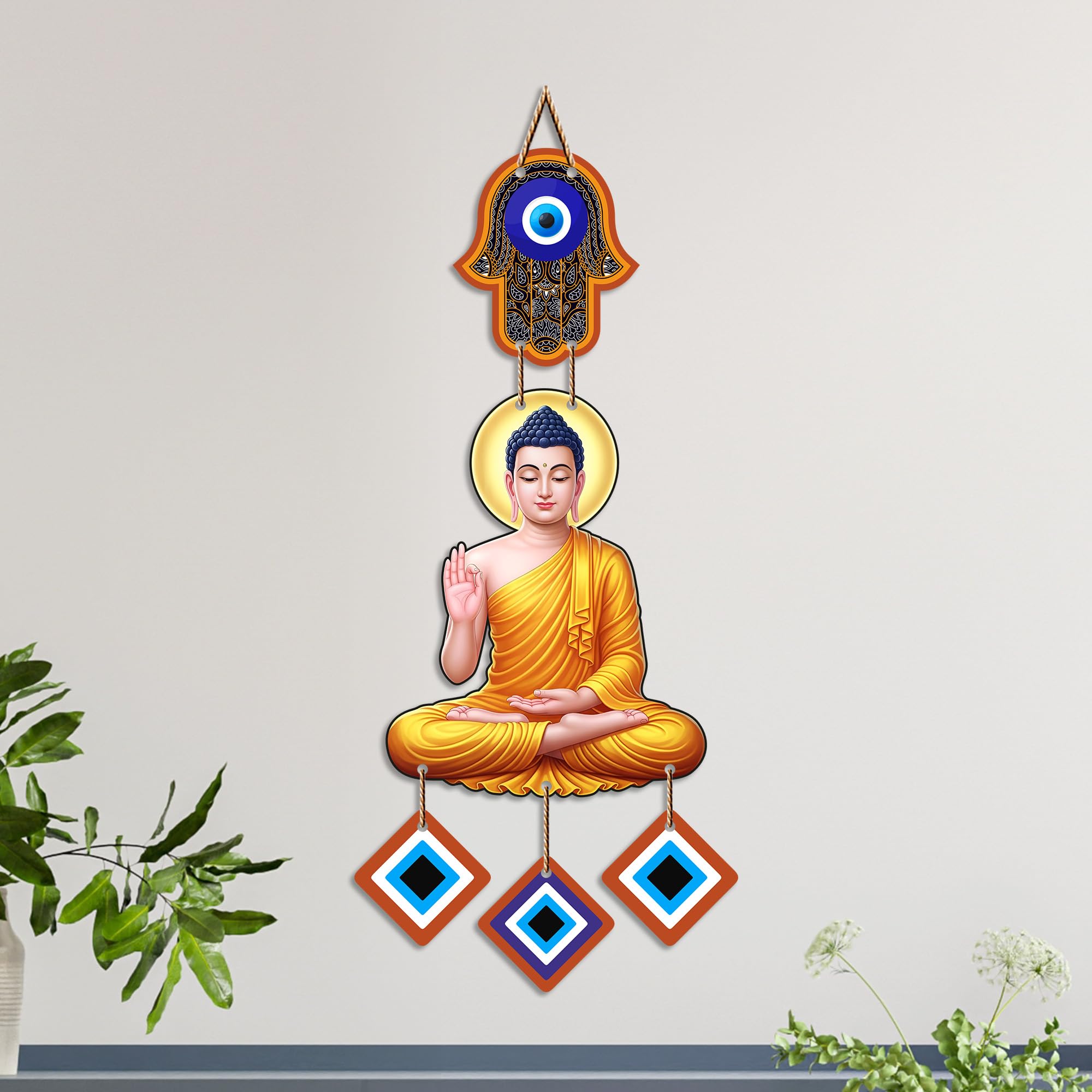 Artvibes Buddha Wall Hanging with Evil Eye Charms | Spiritual Wooden Decor Symbolizing Peace | Growth and Positive Energy | Decorative Hanging for Living Room | Meditation Room | Art Gift (WH_85101N)