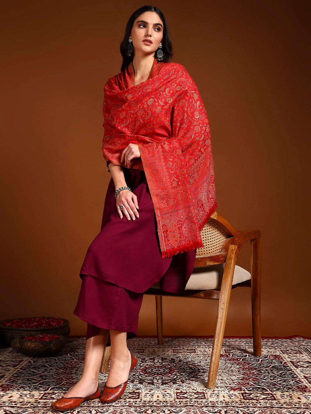 Pashmoda Women Aabroo Kashmiri Jamawar Woven Shawl, Kaani Jacquard Shawls, Stoles, Wraps, Luxury Pashmina Evening Wrap (Size: 40X80 Inches, Red Color) SECS58
