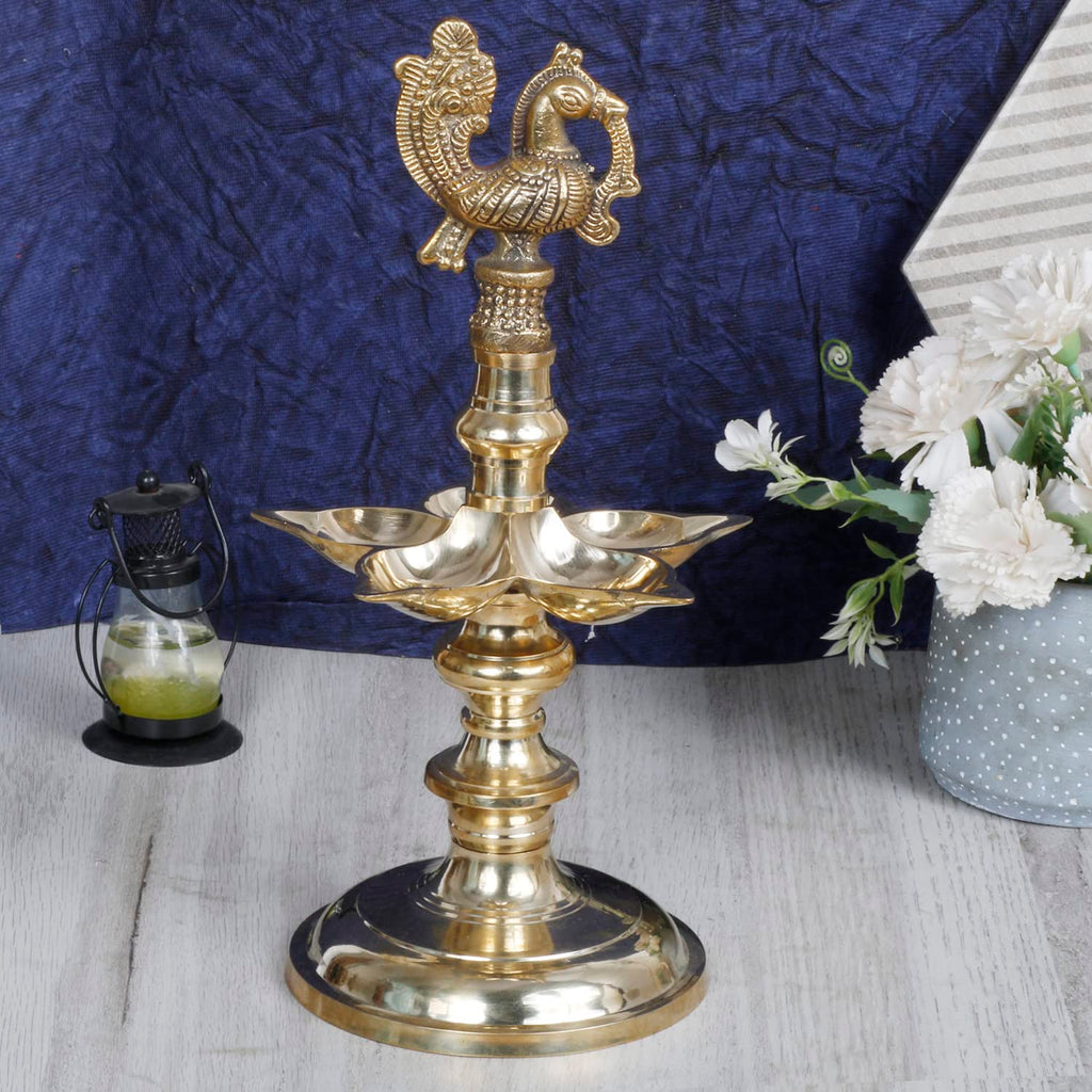 ARTVARKO Brass Bird Traditional Peacock 5 Wick Diya Oil Lamp Table Decor Diyas for Pooja Religious Diwali Gifts with Stand for Home Puja Temple Showpiece 12 Inch