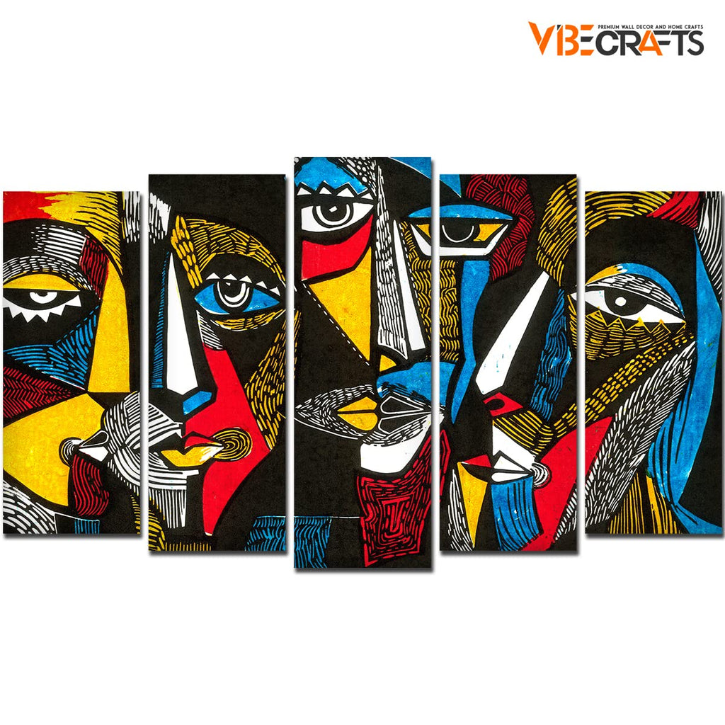 VIBECRAFTS Abstract Faces 5 Pieces Canvas Wall Painting For Home|Office|Living Room|Gift (PTVC5Pcs2_6504)