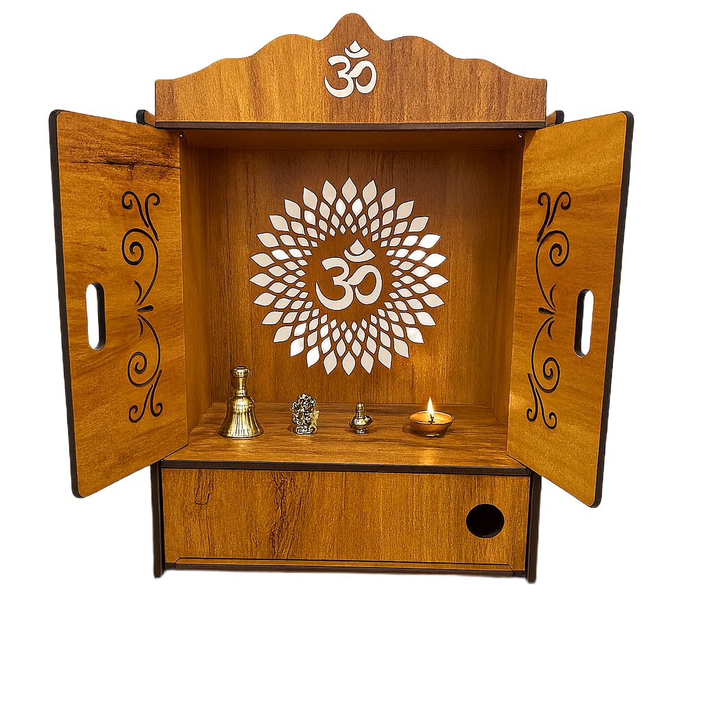 ARTIHC CRAFT Large Wooden Home Temple Mandir with Doors, Krishna Wall Art Design, Dual Storage Drawers, and Wall-Mounting Capability, Ideal Pooja Unit for Home Worship| Sculpture-Door