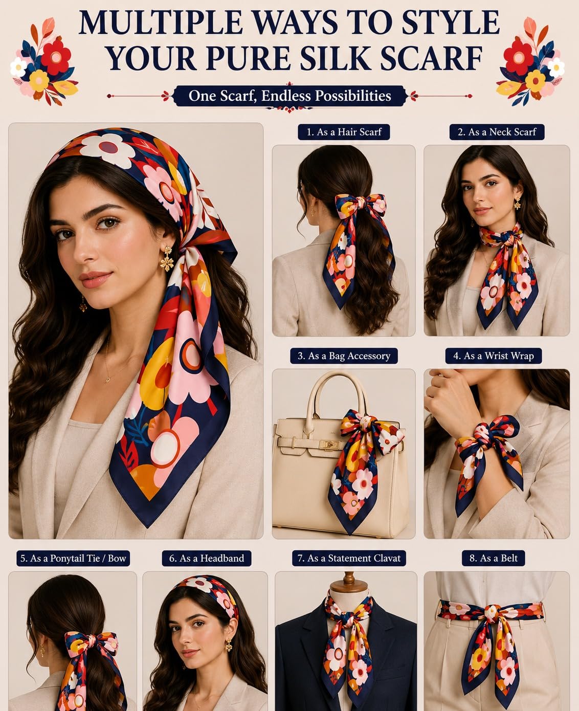 Etietnic Satin Square Head Scarf for Women,BLUE BORDER Printed