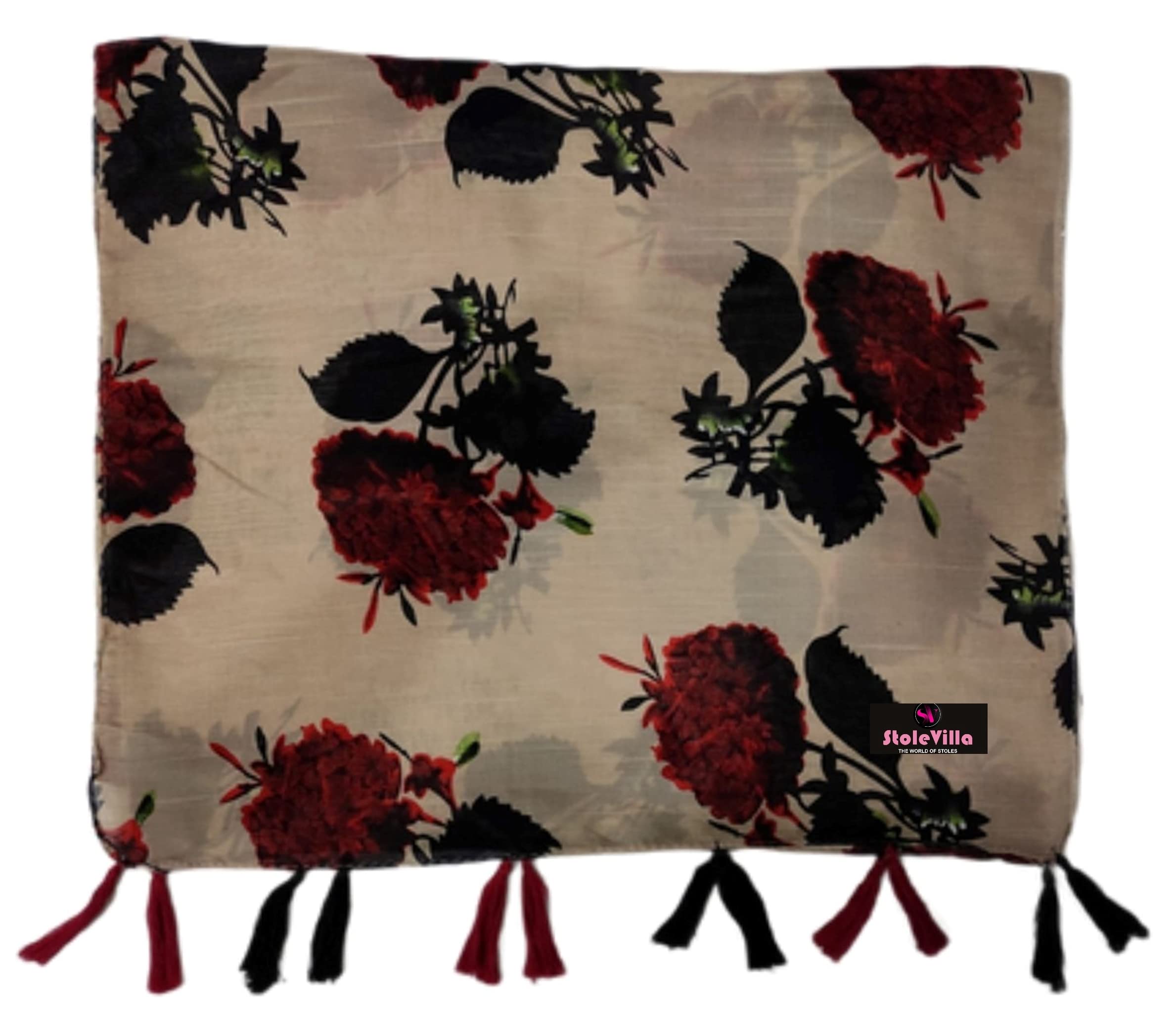 StoleVilla™ Women's Printed Poly Cotton Multicolored Scarf and Stoles with Tassels Set Of STF005