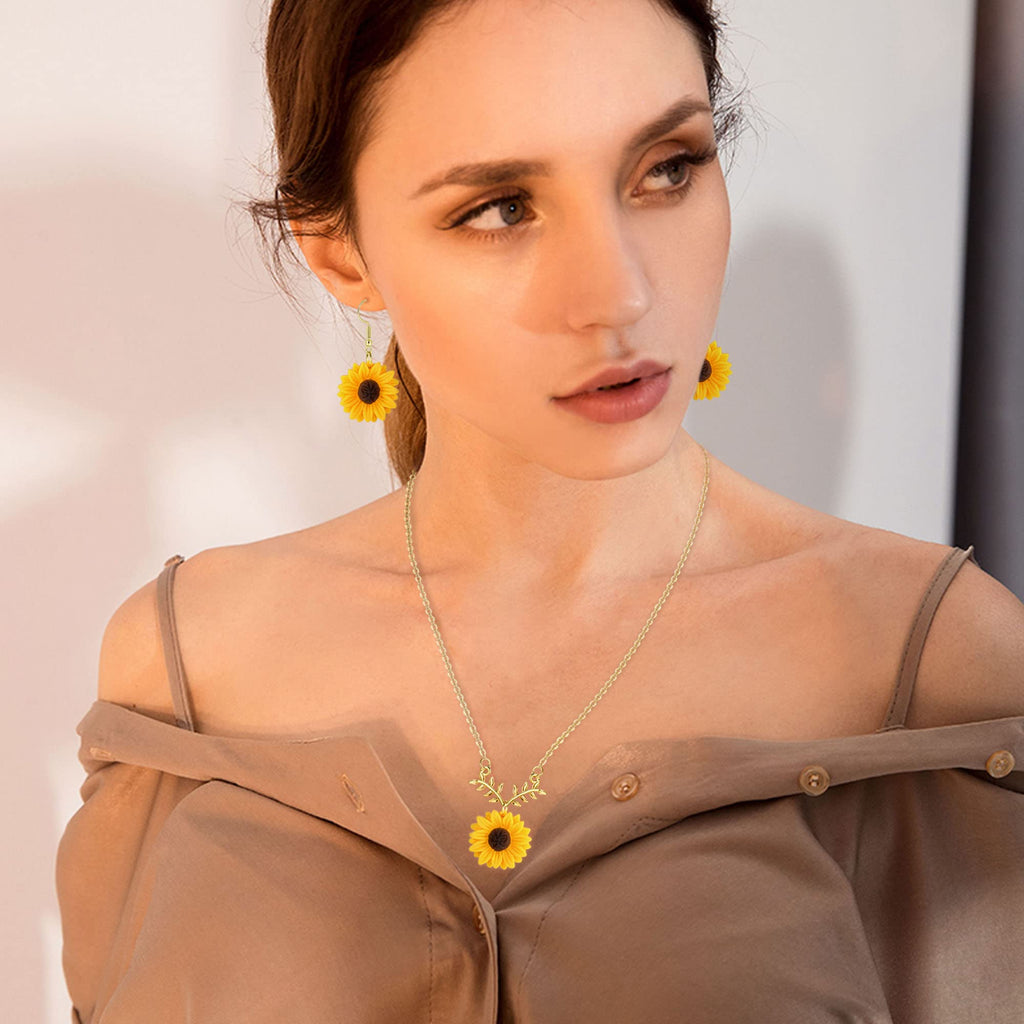 HAIAISO Sunflower Dangle Drop Earrings Sunflower Necklace for Women Handmade Sunflower Jewelry Set Gift, No Gemstone