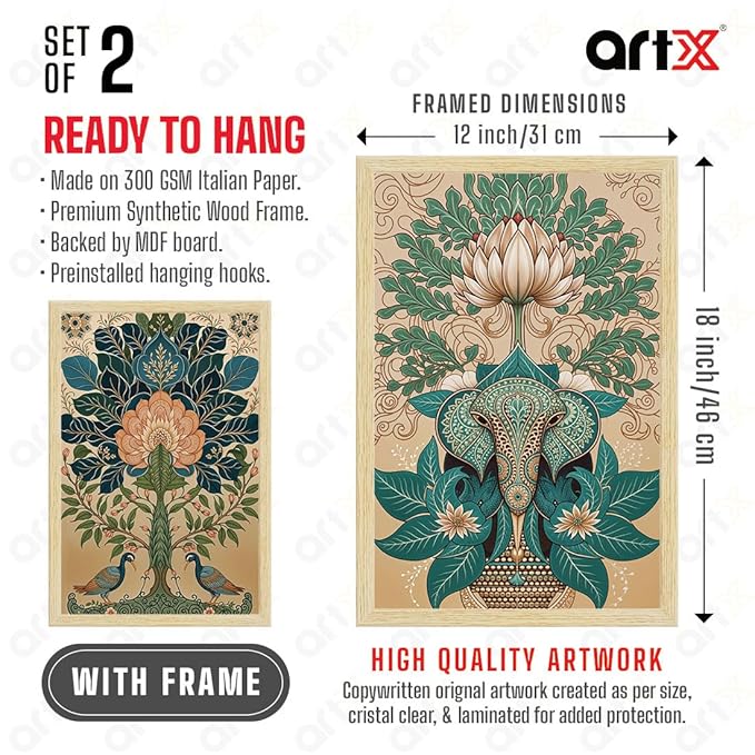ArtX Madhubani Art Paintings with Frame for Home Decor, Living Room, Multicolor, Set of 2 AXII-23-MDB ArtX