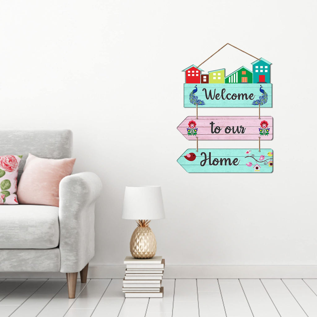 Artvibes Welcome To Our Home Wooden Wall Hanger for Gateway | Quotes Decor Item | Door Quotes Hanging | Wall Poster | Wall Art Print | Gift Items for Home Decor | Wall Accent | Modern Decor (WH_5806N)