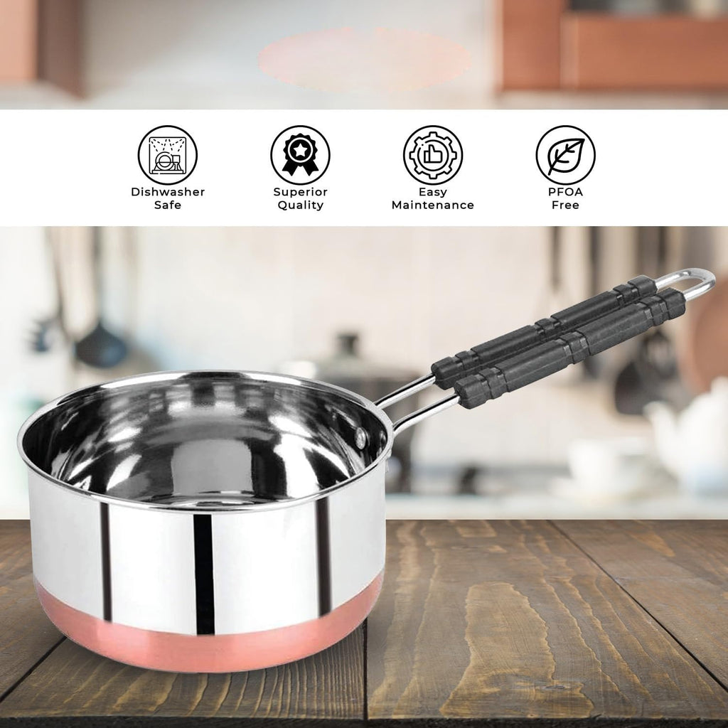 ALWAFLI Copper Bottom Stainless Steel Flat Base Sauce Pan, Milk Pan, Tapeli Patila, Sauce Pot Cookware Set Tea Maker Water Boiling with Handle Perfect for Kitchen (Pack of 1) (Copper 1.5 L)