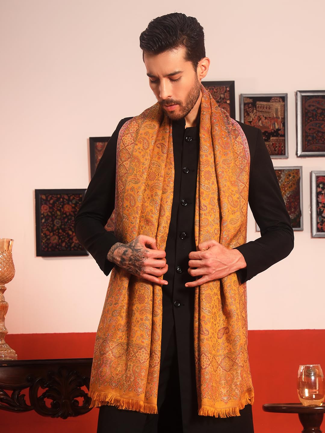 Pashmoda Men Chandni Kaani Stole, Authentic Kashmiri Luxury Pashmina Style Shawl, Stole, Small Size Gents Lohi, (Size 28x80 Inches, Mustard Color) MAVST07