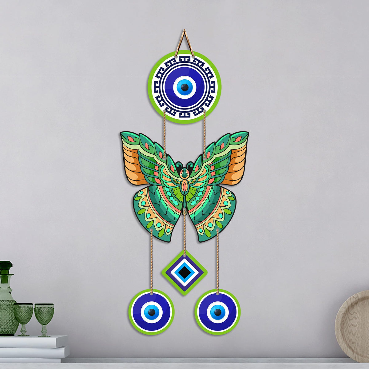 Artvibes Green Butterfly Evil Eye Wall Hanging for Home Entrance | Lucky Charm MDF Wall Decor | Decorative Vastu Art for Living Room | Bedroom | Office & Main Door | Gift Item (WH_8584N)