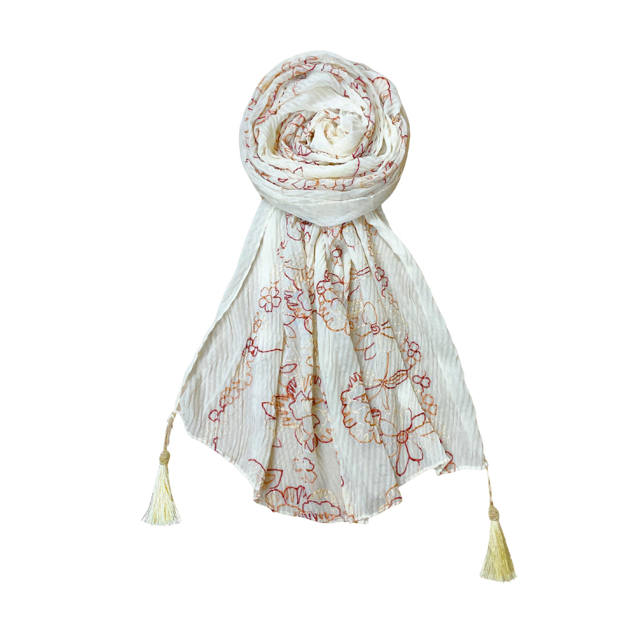 FAHABO Scarf Woman Pleated Cotton Scarves with Embroidery and Tassels | Hijab Scarf | Headscarf | Neck Scarf | Stoles | Wraps (Daisy Cream -1)