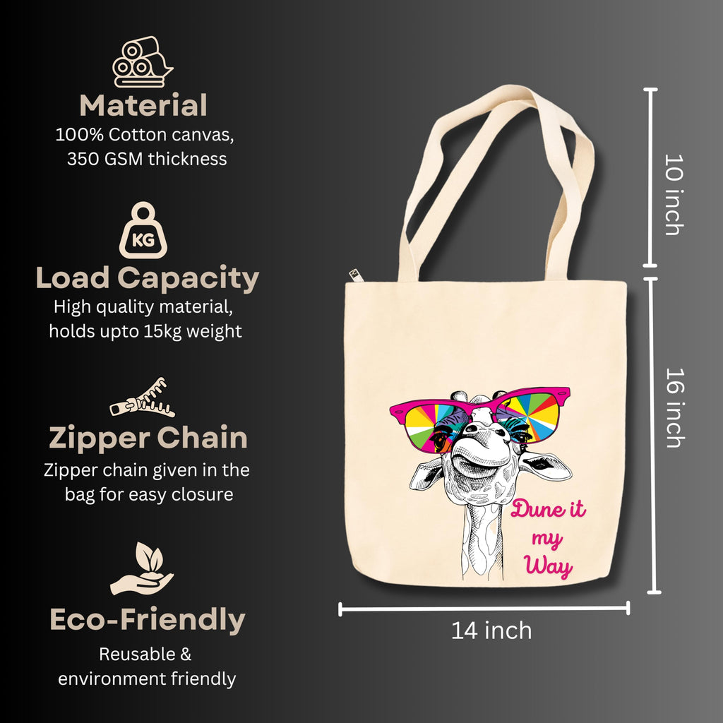 snapiq COTTON 350 GSM Canvas Tote Bag for Women and Girls Thick Fabric with Zipper (Beige, Giraffe1)