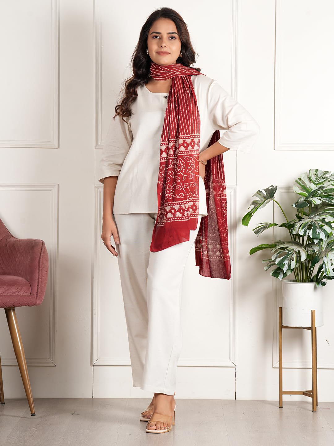 RAI SAHAB Printed Cotton Scarf for Women, Lightweight Soft Scarves Stoles for Summer & Winter(ST-101RED10)