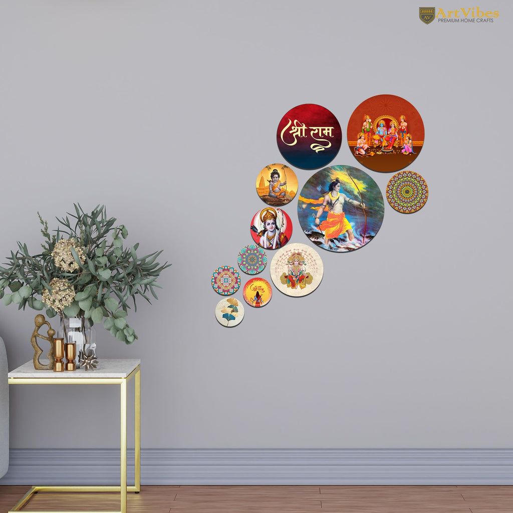 Artvibes Lord Shri Ram Parivaar & Hanumanji Round Shape MDF Wooden Wall Art for Home Decoration | Spiritual Decor Items | Wall Illustrations| Stylish Modern Artwork | Gift Items (WPS_143N), Set of 11
