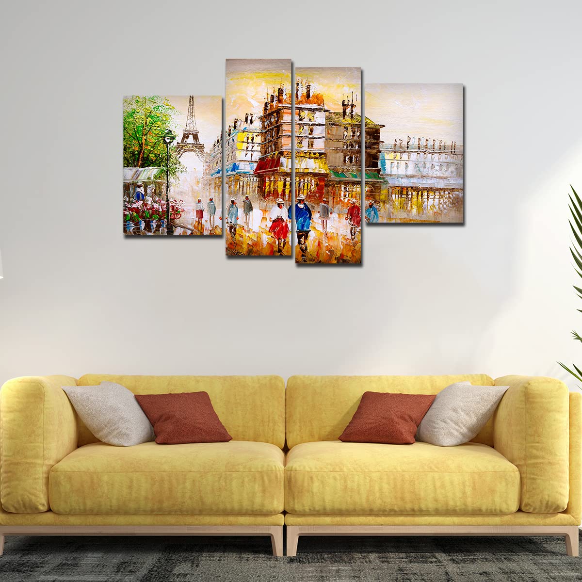 VIBECRAFTS Beautiful Street View Of Paris 4 Pieces Canvas Wall Painting Fitted With Wooden Frame For Home | Office | Living Room | Gifts (PTVC4Pcs2_14501)