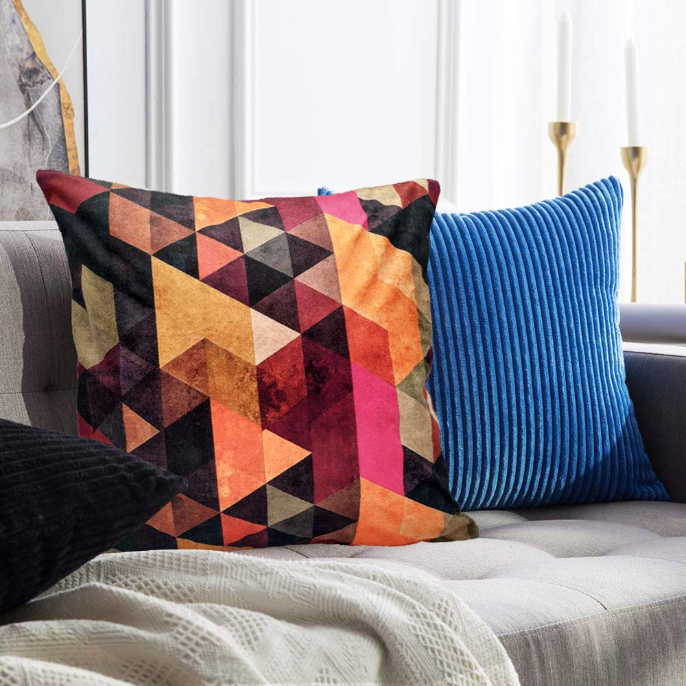 Khooti Velvet Cushion Cover, 20x20 (Triangular Orange)(Pack of 1)