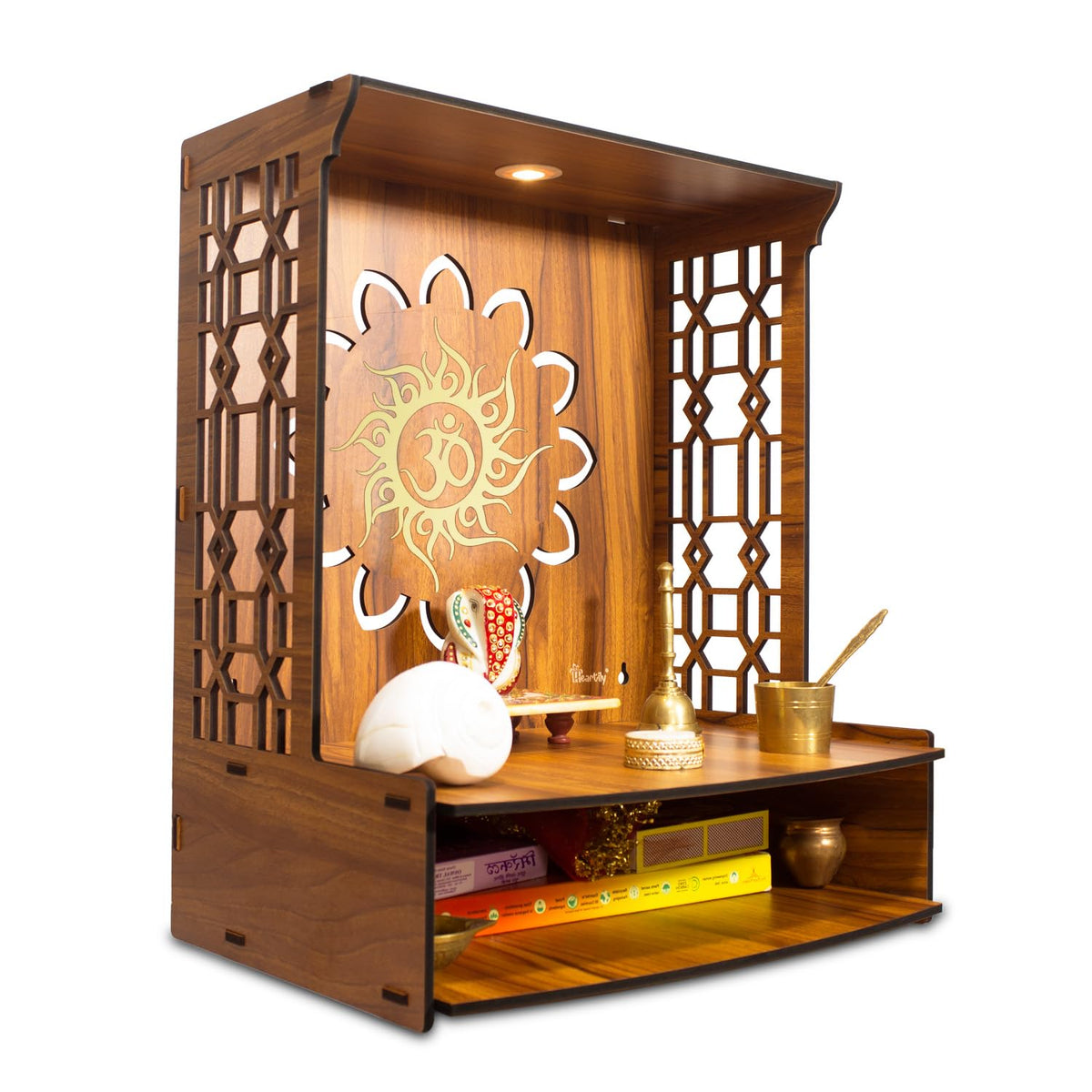 Heartily® Maha Mangal Beautiful Wooden Pooja Mandir for Home Temple for Home and Office Puja Mandir Wall Mount with LED Spot Light Size 18 Inches Height