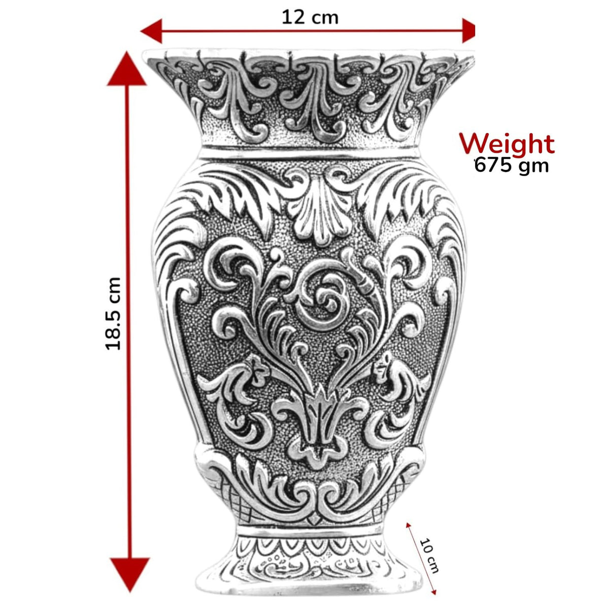 Kridaykraft Decorative Metal Vase, Antique Gold Finish, Baroque Floral Pattern, Traditional Ornate Design (Silver)