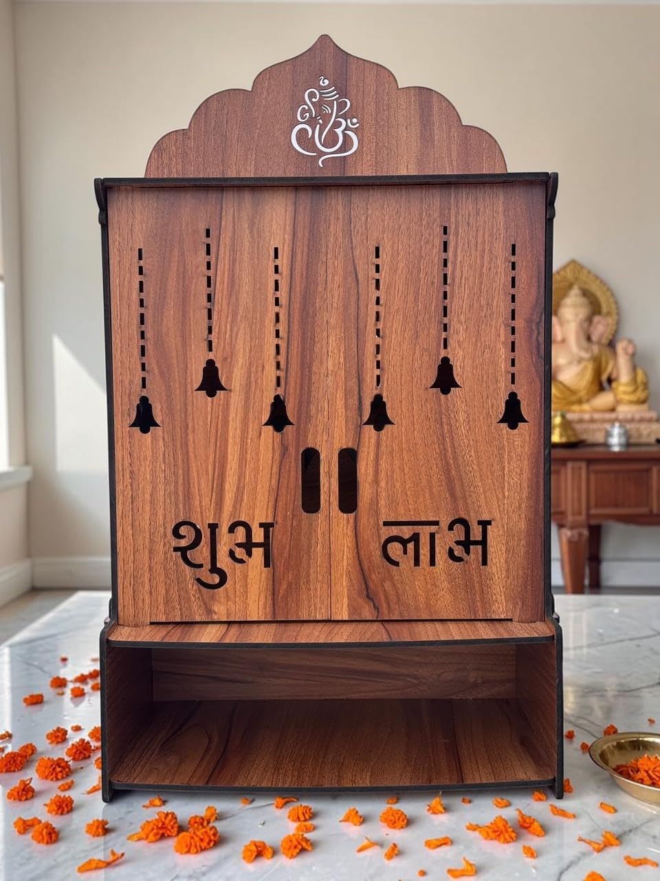 Gloridec Wooden Pooja Mandir with Door, Wall Mounted Temple with LED Light, 49x30x20 CM, for Home Puja Room, Living Room & Office (Design -1)
