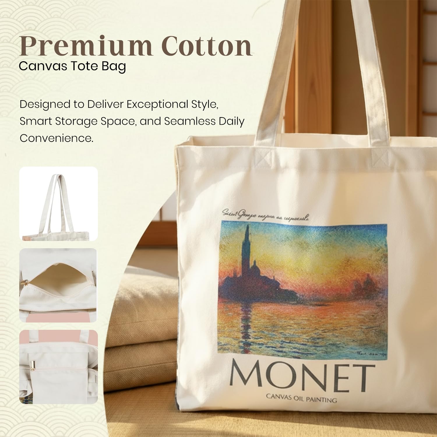 ECOEK Artsy Poly Canvas Tote Bag for Women | Zipper Closure, Bottle Holder & Keychain Hook | Premium Poly Canvas Bag for Travel College, Office | Reusable Shopping Tote Bag Gift(Monet Saint George)
