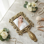 KridayKraft Beautifully Carved Square Shape Gold Plating Metal Hand Mirror for Makeup, Travelling, Salon Mirror & Decorative Antique Item, framed