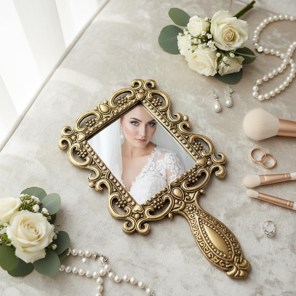 KridayKraft Beautifully Carved Square Shape Gold Plating Metal Hand Mirror for Makeup, Travelling, Salon Mirror & Decorative Antique Item, framed