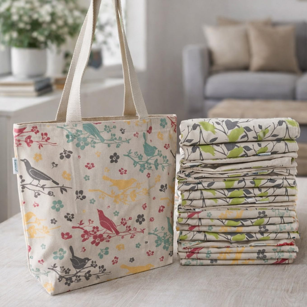 Econest Premium Canvas Tote Bags for Women with zip closer | unique tote bag for Girls, 100% Organic Cotton | beach | gift | office, school & Daily Usable strong handbag (BIRD PATTERN)
