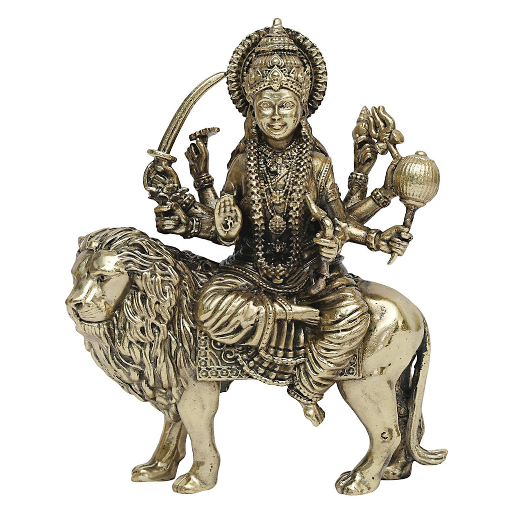 SVARUP Fine Brass Goddess Durga Maa Sitting On Lion Idol MATA Sherawali Murti Statue Figurine Home Temple Height: 5 Inch