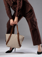 ENSAC Premium Cotton Jute Tote Bag for Women, Stylish Handbag for women with Zip Closure | Fit for Office Bag, College, Travel Use | Handcrafted in India (Beige)