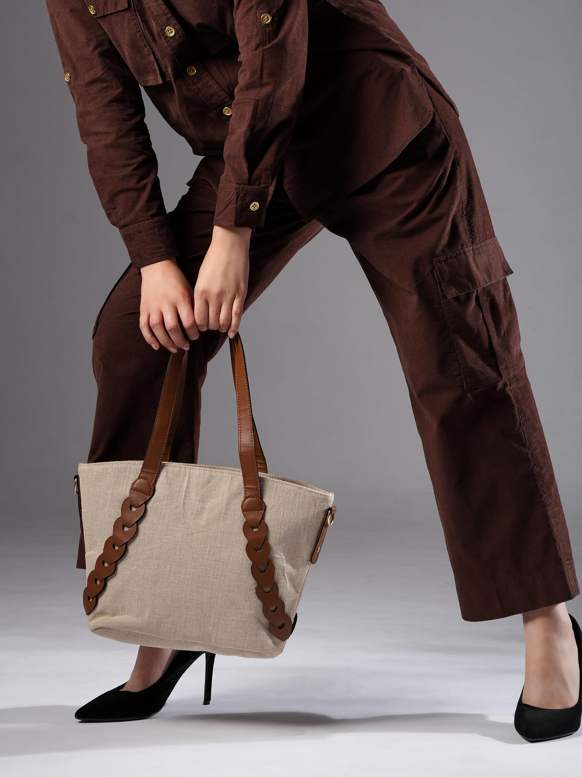 ENSAC Premium Cotton Jute Tote Bag for Women, Stylish Handbag for women with Zip Closure | Fit for Office Bag, College, Travel Use | Handcrafted in India (Beige)