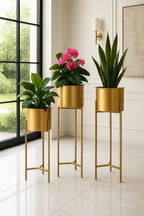A.M.METAL WORKS Modern Metal Floor Flower Stands Planter for Living Room Bedroom Display Plant Stand Tall Indoor Plant Stand with Planter Pot -Set of 3 gold